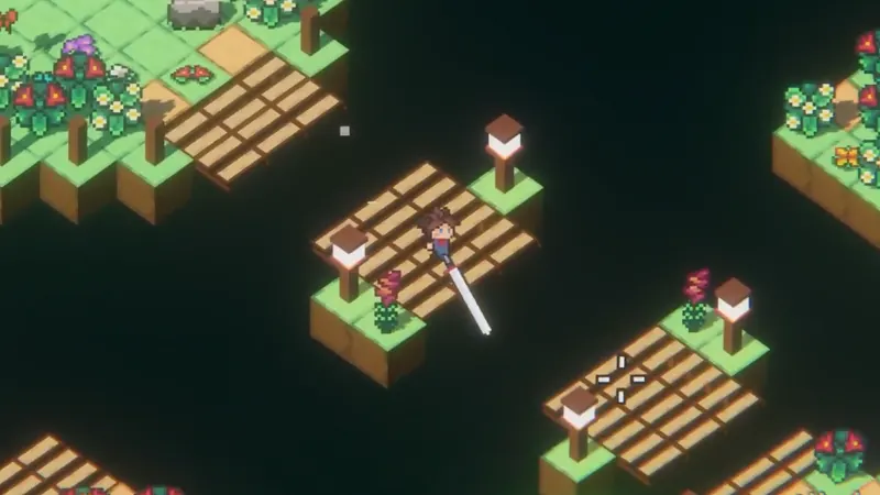 SpinKnight gameplay: the knight crosses narrow wooden bridges between lantern-lit floating islands