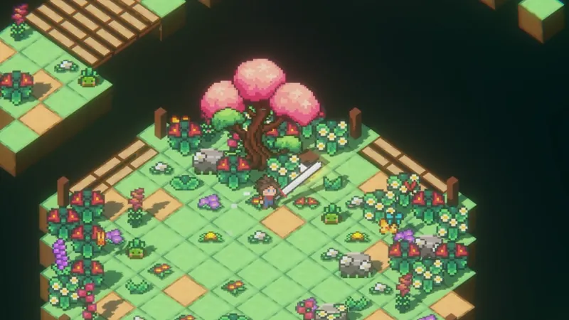 SpinKnight gameplay: the knight swings his sword beneath a cherry blossom tree in a flower meadow