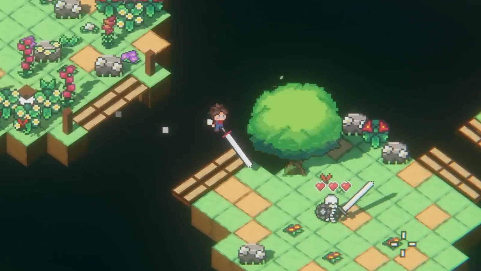 The knight throws his spinning sword at a skeleton enemy on floating pixel art platforms